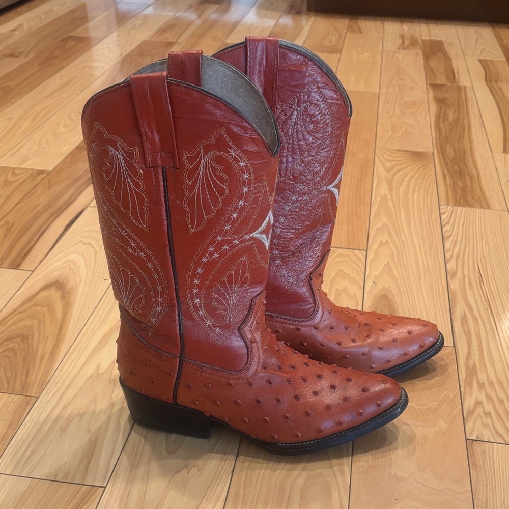 Women's Red Ostrich-Textured Western Heeled Boots